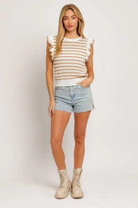 Round Neck Ruffle Sleeve Stripe Knit Top - Jessiz Boutique