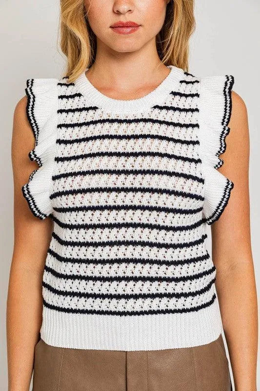 Round Neck Ruffle Sleeve Stripe Knit Top - Jessiz Boutique