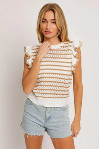 Round Neck Ruffle Sleeve Stripe Knit Top - Jessiz Boutique