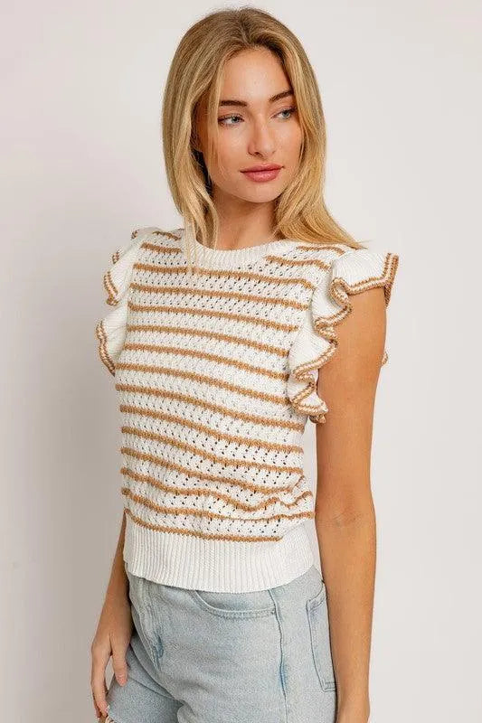 Round Neck Ruffle Sleeve Stripe Knit Top - Jessiz Boutique