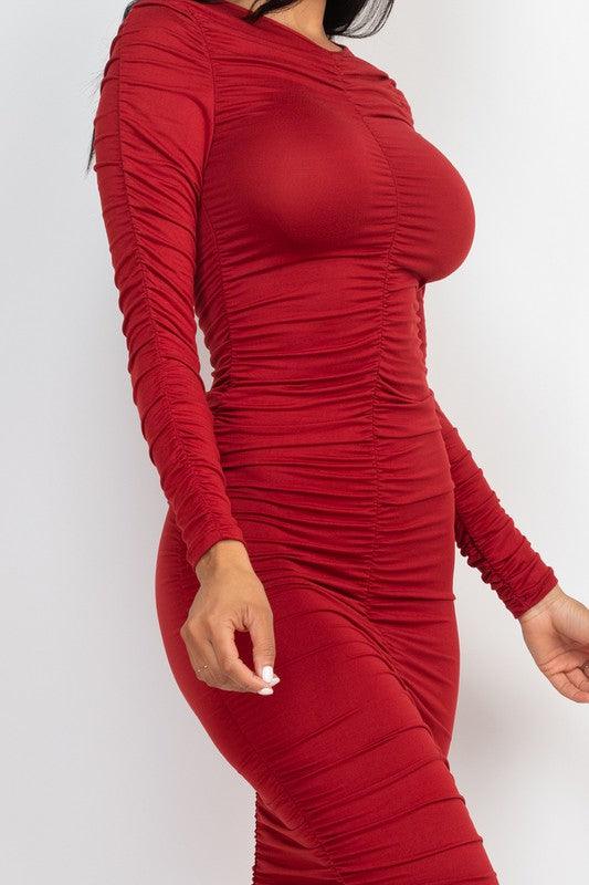 Ruched Long Sleeve Midi Dress - Jessiz Boutique