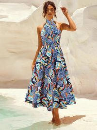 Ruched Printed Halter Neck Sleeveless Dress - Jessiz Boutique