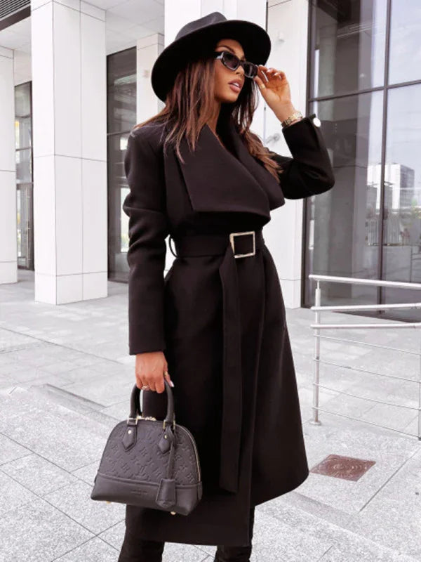 Long-Sleeved Buttoned V-neck Strappy Woolen Coat