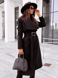 Long-Sleeved Buttoned V-neck Strappy Woolen Coat