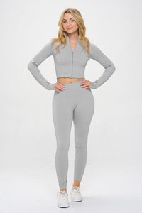 Seamless Ribbed Tracksuit Zip-up Two-Piece Set - Jessiz Boutique