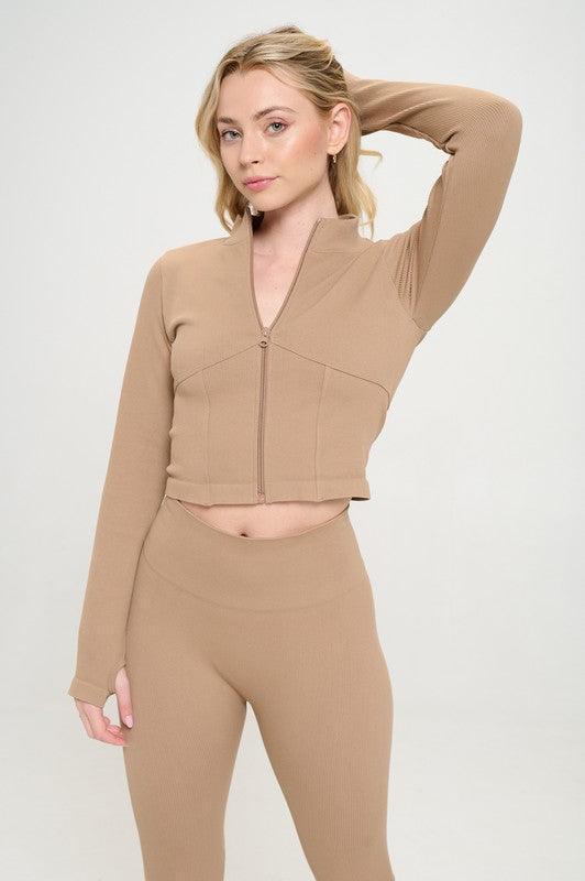 Seamless Ribbed Tracksuit Zip-up Two-Piece Set - Jessiz Boutique