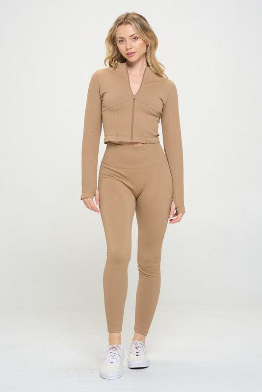 Seamless Ribbed Tracksuit Zip-up Two-Piece Set - Jessiz Boutique