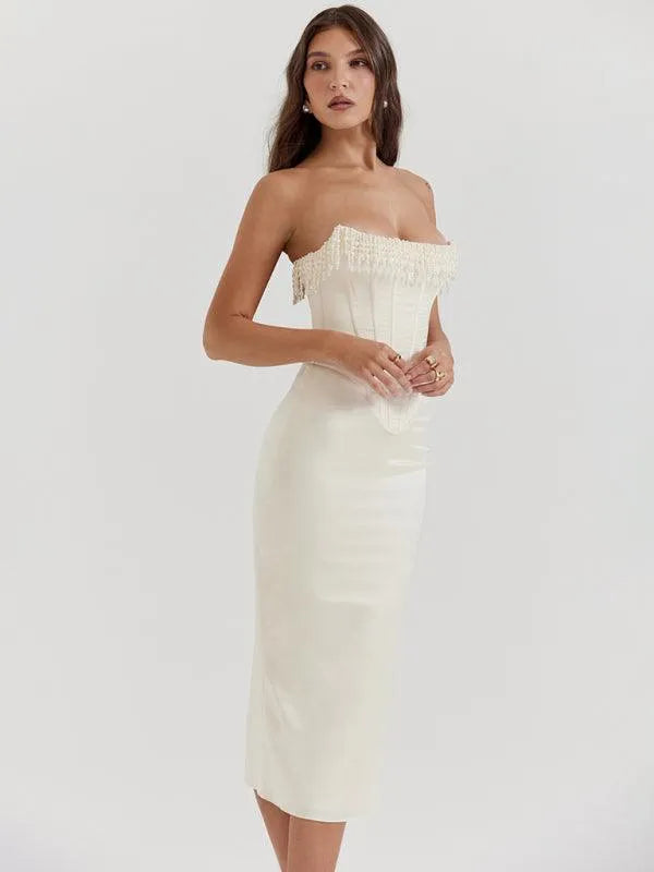 Sleeveless Off-Shoulder Pearl Fishbone Slit Dress - Jessiz Boutique