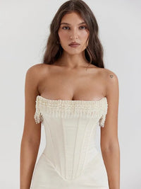 Sleeveless Off-Shoulder Pearl Fishbone Slit Dress - Jessiz Boutique