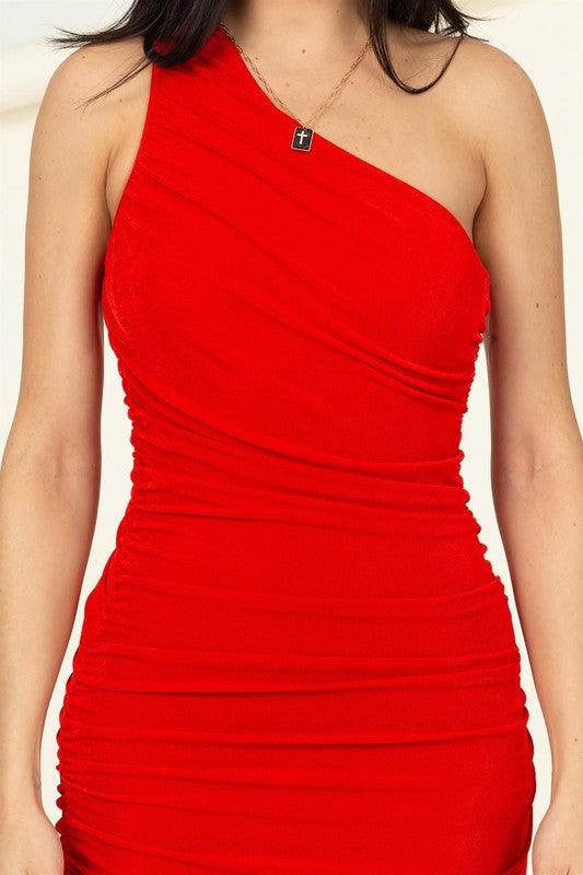 Slinky One Shoulder Ruched Asymmetric Hem Dress - Jessiz Boutique