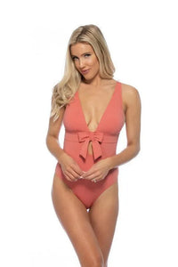 Solid Halter Bow Tie Front One Piece Swimsuit - Jessiz Boutique