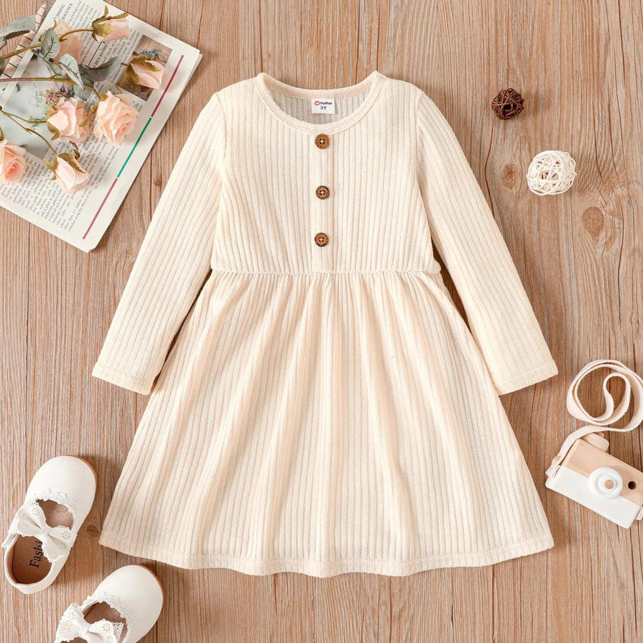 Toddler Girl Button Design Ribbed Long-sleeve Dress - Jessiz Boutique