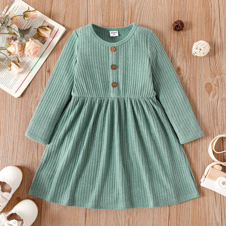 Toddler Girl Button Design Ribbed Long-sleeve Dress - Jessiz Boutique