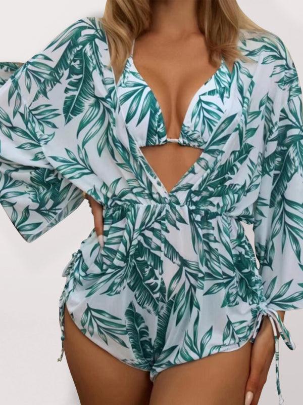Tropical Print Bikini Deep V-neck Long Sleeve Three Pieces Set - Jessiz Boutique