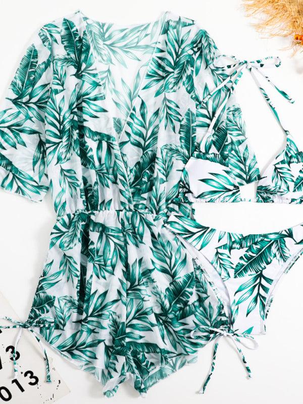 Tropical Print Bikini Deep V-neck Long Sleeve Three Pieces Set - Jessiz Boutique