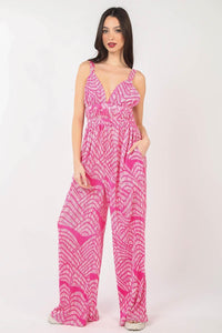 VERY J Printed Pleated Sleeveless Wide Leg Jumpsuit - Jessiz Boutique