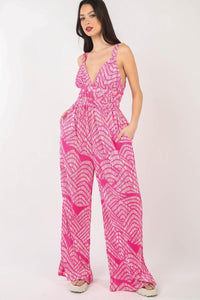 VERY J Printed Pleated Sleeveless Wide Leg Jumpsuit - Jessiz Boutique