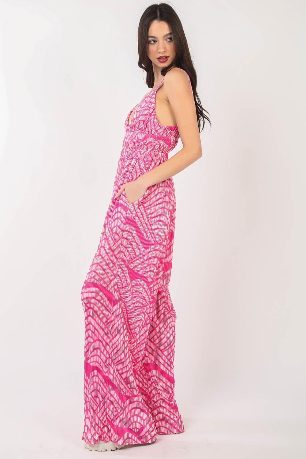 VERY J Printed Pleated Sleeveless Wide Leg Jumpsuit - Jessiz Boutique