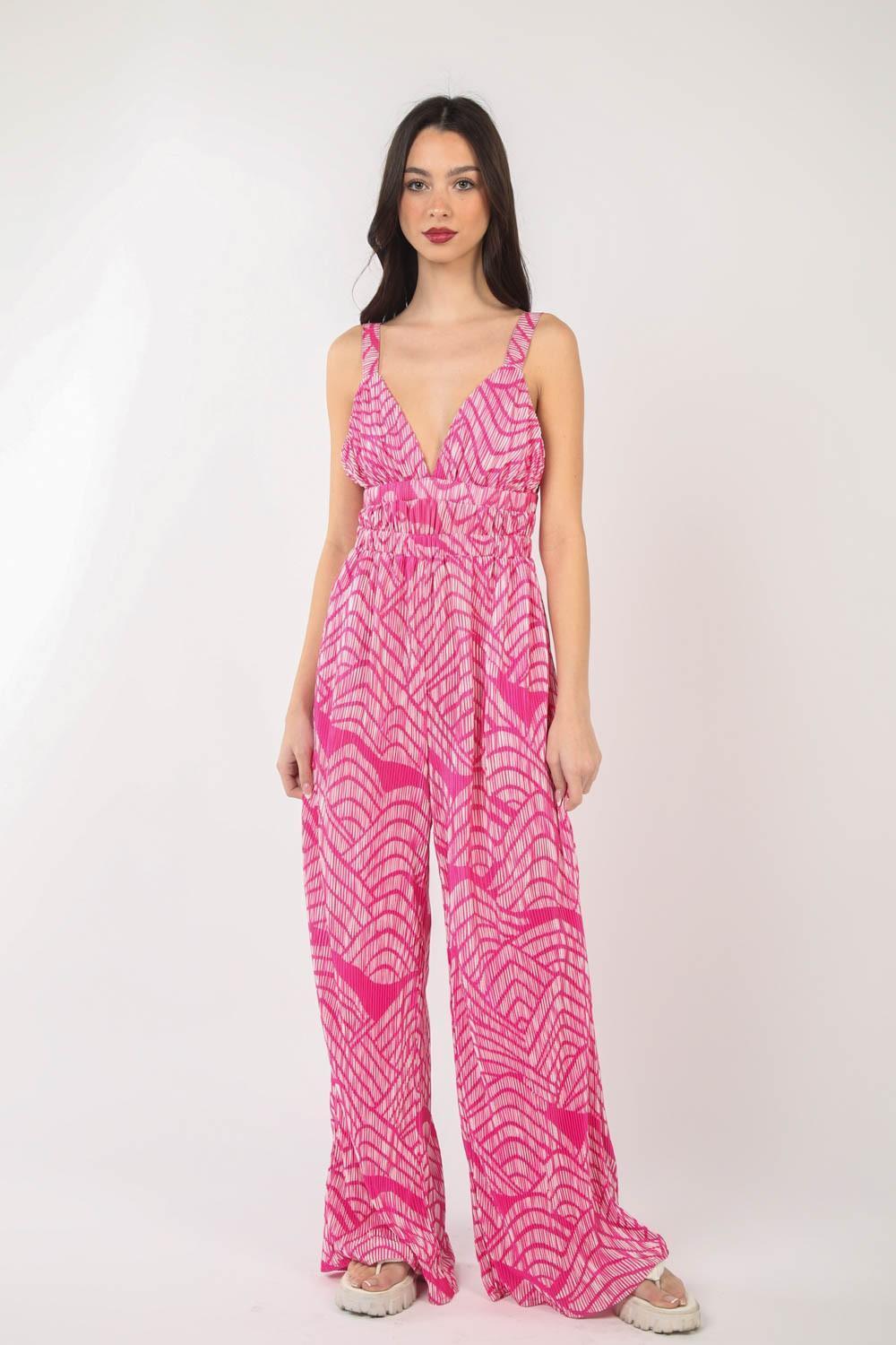 VERY J Printed Pleated Sleeveless Wide Leg Jumpsuit - Jessiz Boutique