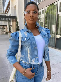 Women's Denim Puff Sleeve Denim Jacket - Jessiz Boutique