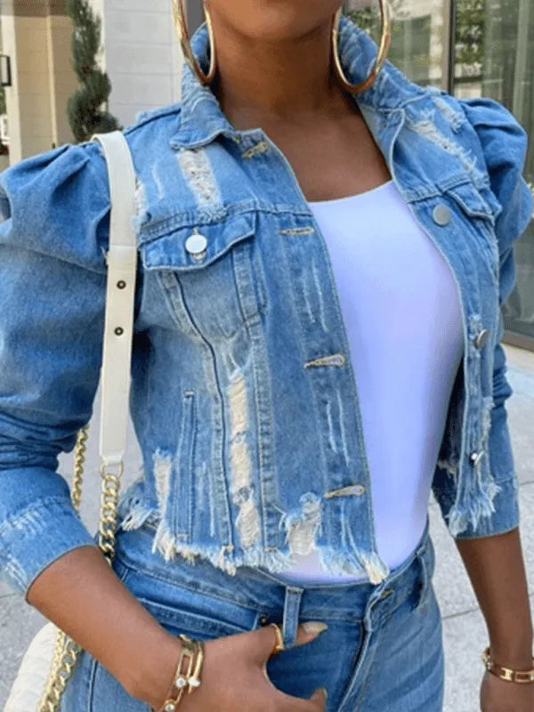 Women's Denim Puff Sleeve Denim Jacket - Jessiz Boutique