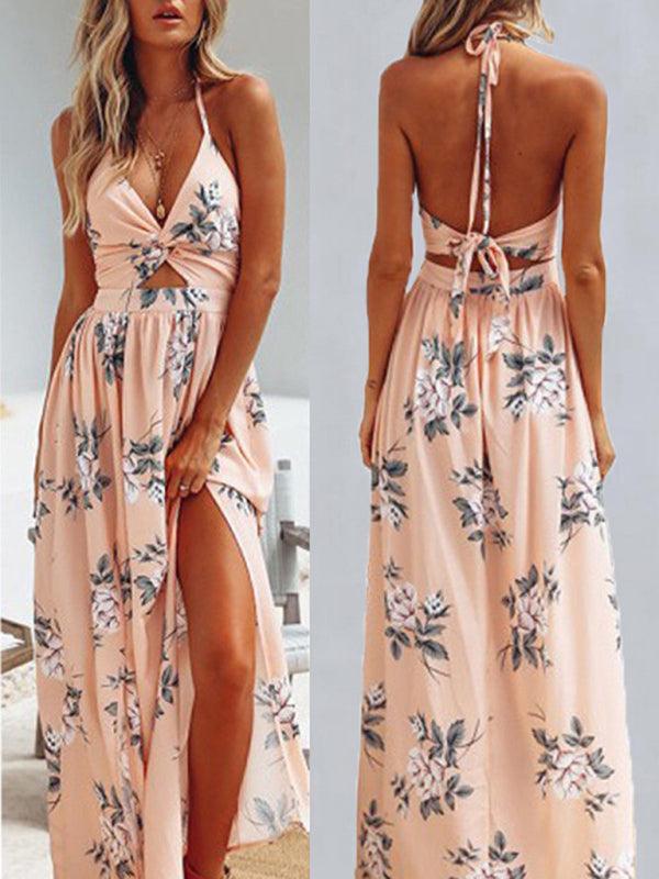 Women's Halter V-Neck Chiffon Print Beach Dress - Jessiz Boutique