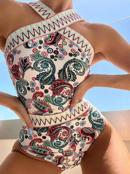 Women's Sexy Peris Print Cross Neck One Piece Swimsuit - Jessiz Boutique