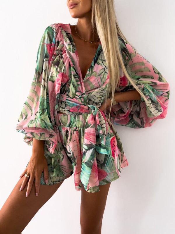 Women's Tropical Wrap Puff Sleeve Romper - Jessiz Boutique
