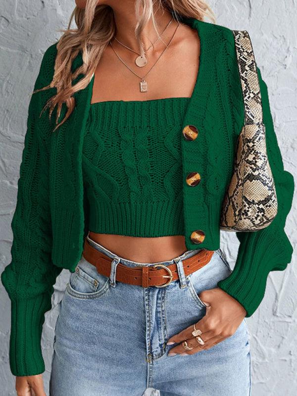 Women’s Tube Cable Knit Long Sleeve Cropped Cardigan Set - Jessiz Boutique