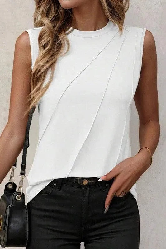 Women White Crew Neck Pleated Tank Top - Jessiz Boutique