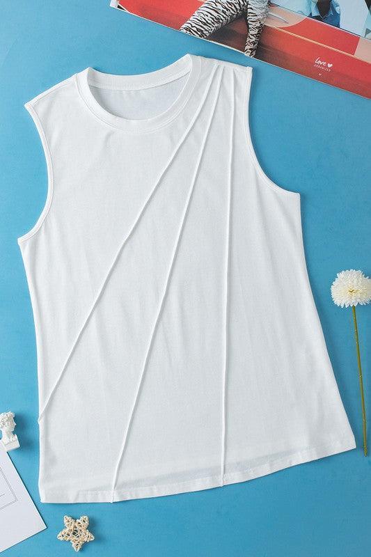 Women White Crew Neck Pleated Tank Top - Jessiz Boutique