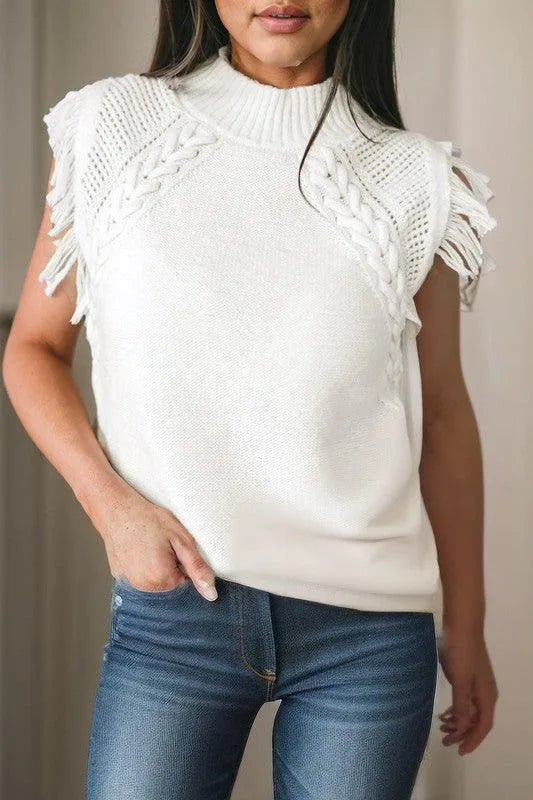 Woven Tasseled Sleeveless Mock Neck Sweater Vest - Jessiz Boutique