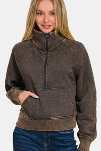 Zenana Acid Washed Half Zip Fleece Sweatshirt - Jessiz Boutique