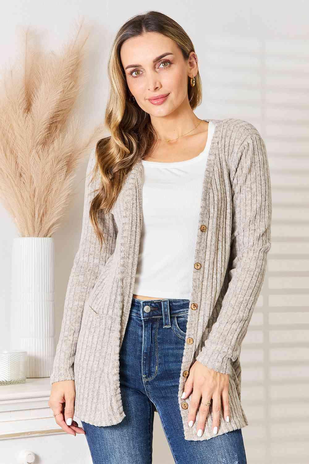 Double Take Ribbed Button-Up Cardigan with Pockets - Jessiz Boutique