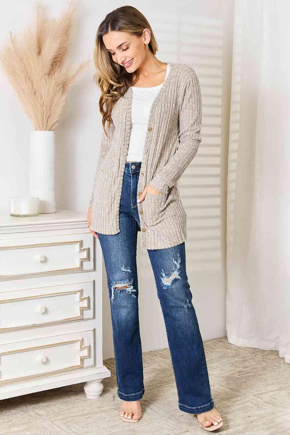Double Take Ribbed Button-Up Cardigan with Pockets - Jessiz Boutique