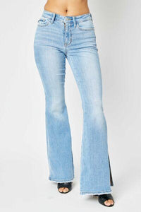 Judy Blue Mid Rise Raw Hem Slit Flare Jeans - Jessiz Boutique