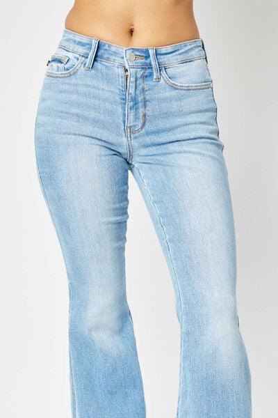 Judy Blue Mid Rise Raw Hem Slit Flare Jeans - Jessiz Boutique