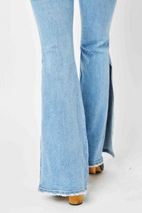 Judy Blue Mid Rise Raw Hem Slit Flare Jeans - Jessiz Boutique