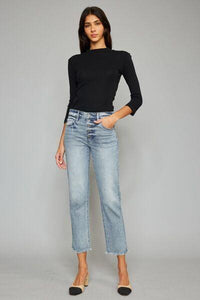 Kancan High Waist Button Fly Raw Hem Cropped Straight Jeans - Jessiz Boutique