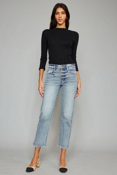 Kancan High Waist Button Fly Raw Hem Cropped Straight Jeans - Jessiz Boutique