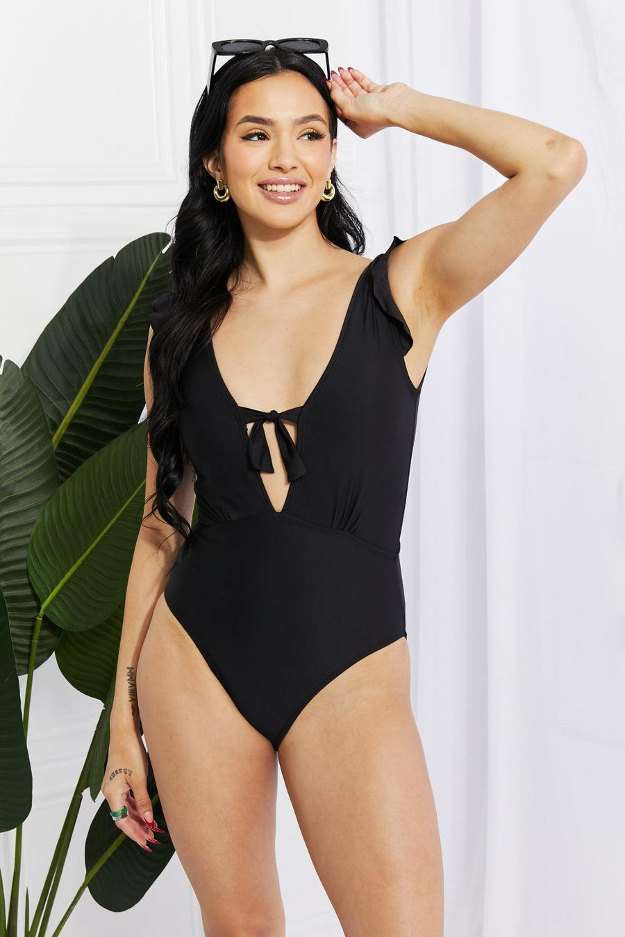 Marina West Swim Seashell Ruffle Sleeve One-Piece in Black - Jessiz Boutique