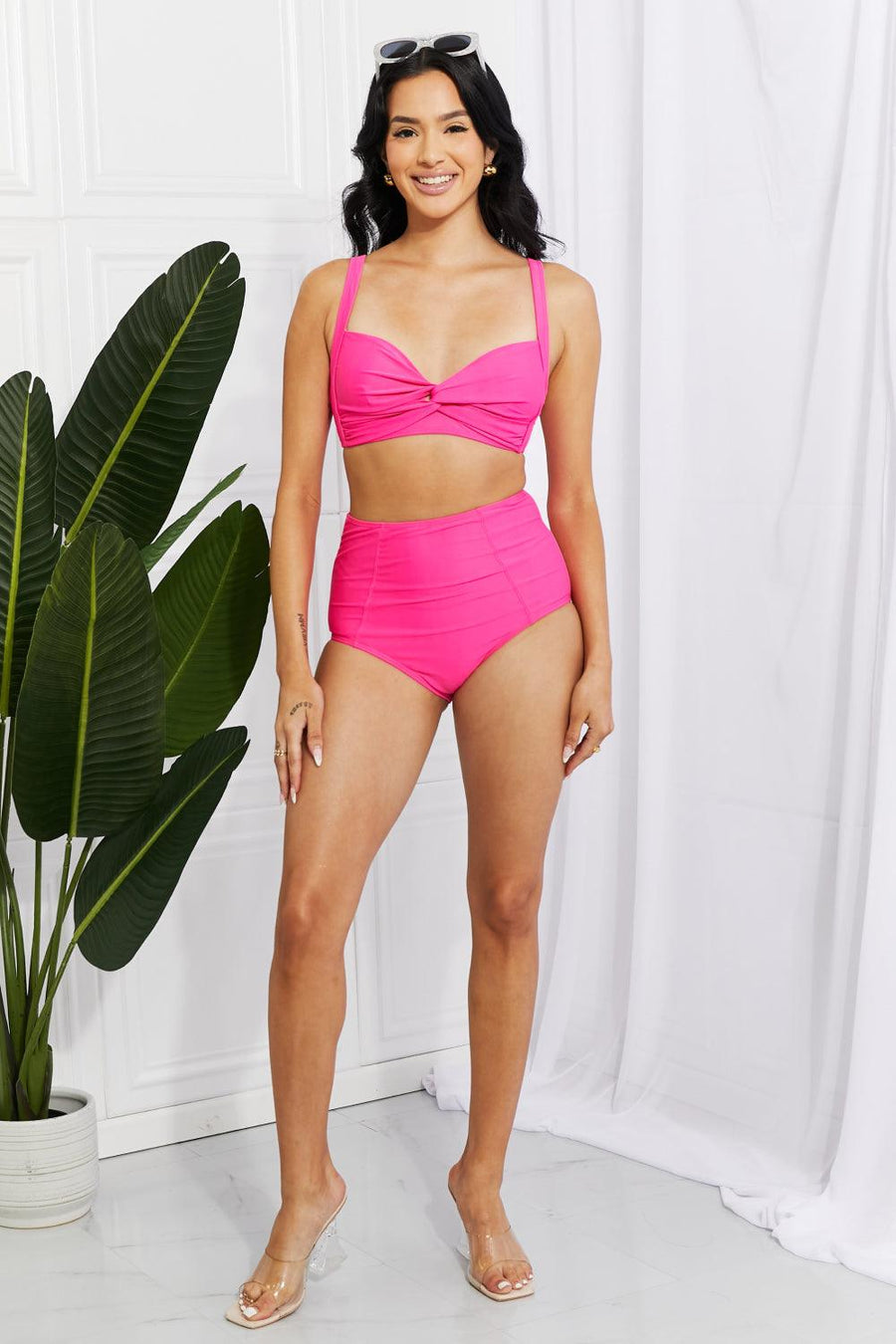 Marina West Swim Take a Dip Twist High Rise Bikini in Pink - Jessiz Boutique