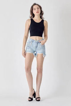 RISEN Frayed Hem Denim Shorts with Fringe Detail Pockets - Jessiz Boutique