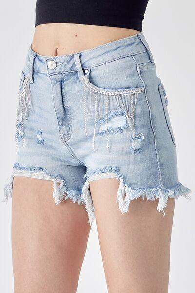 RISEN Frayed Hem Denim Shorts with Fringe Detail Pockets - Jessiz Boutique