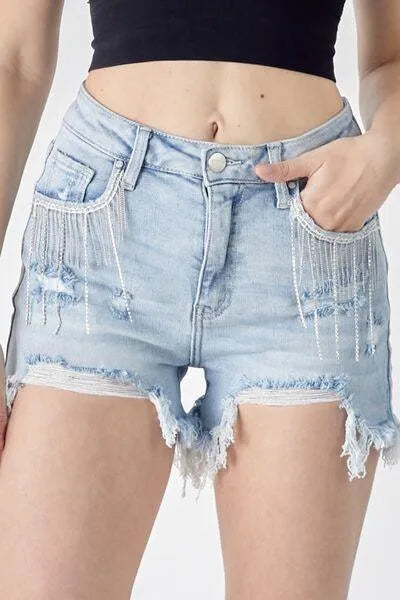 RISEN Frayed Hem Denim Shorts with Fringe Detail Pockets - Jessiz Boutique