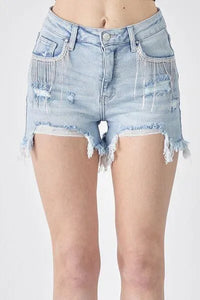 RISEN Frayed Hem Denim Shorts with Fringe Detail Pockets - Jessiz Boutique