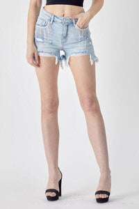 RISEN Frayed Hem Denim Shorts with Fringe Detail Pockets - Jessiz Boutique