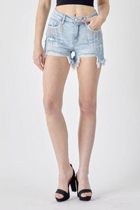 RISEN Frayed Hem Denim Shorts with Fringe Detail Pockets - Jessiz Boutique