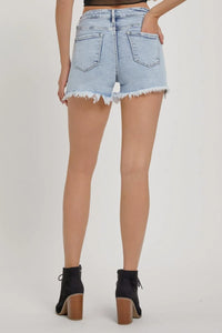 RISEN High Rise Rhinestone Strap Embellished Denim Shorts - Jessiz Boutique