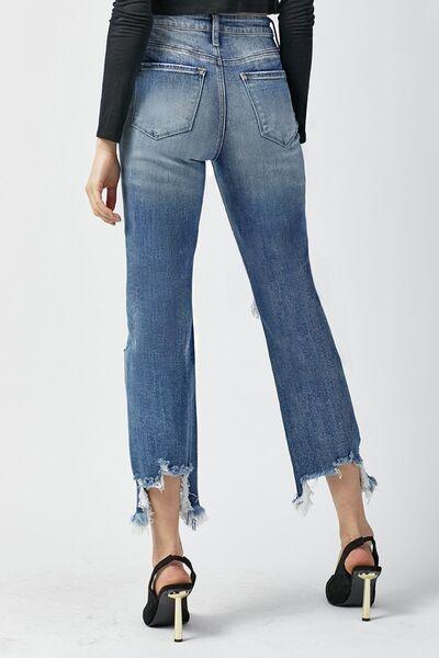 RISEN High Waist Distressed Frayed Hem Cropped Straight Jeans - Jessiz Boutique